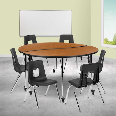 Flash Furniture Mobile 60" Circle Wave Oak Table Set-18" Chairs XU-GRP-18CH-A60-HCIRC-OAK-T-A-CAS-GG